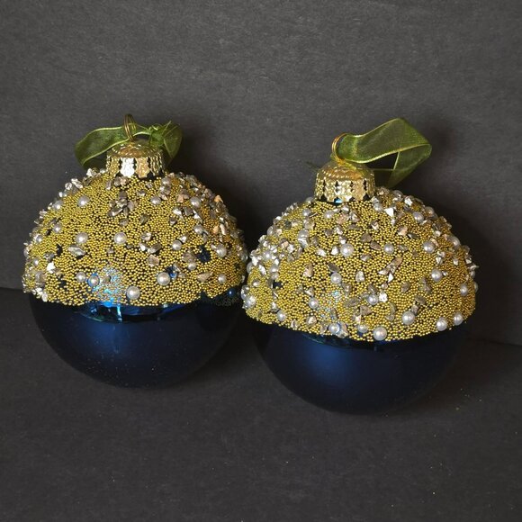Frontgate Royal Blue Gold Beaded Pearl Glass Ornaments Set Of 2 Luxury 4 Inch - Picture 1 of 10